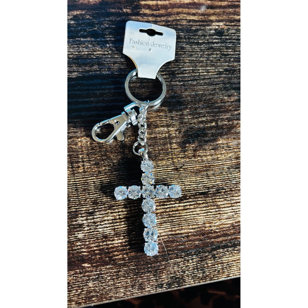 Silver Rhinestone Cross Keychain Bling Bag Charm New